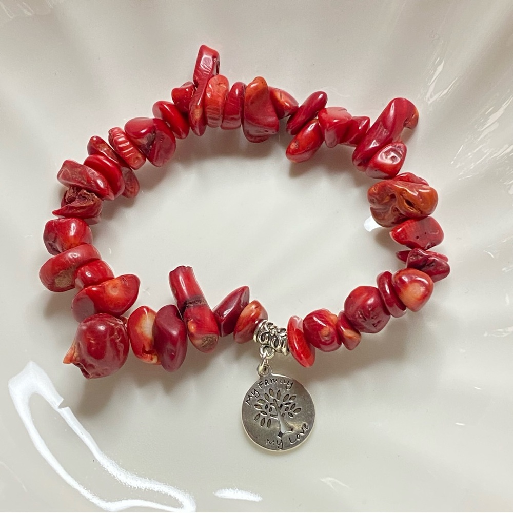 Red Coral Beaded Bracelet with Tree of life charm